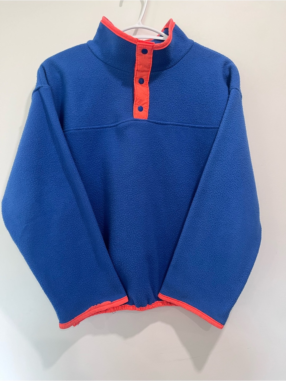 Vintage Kids Lg 1/4 Snap Fleece Jacket in Blue with Coral Trim Retro pullover